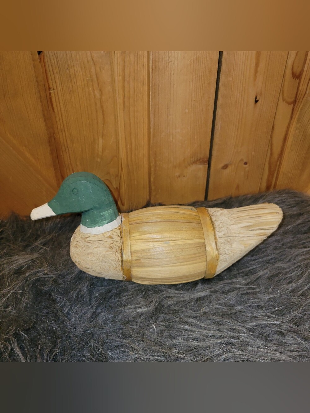 VTG Folk Art Mallard Duck Decoy Palm Frond & Carved Wood Philippines